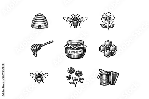 Collection of vintage honey and bee icons in a hand-drawn sketch style