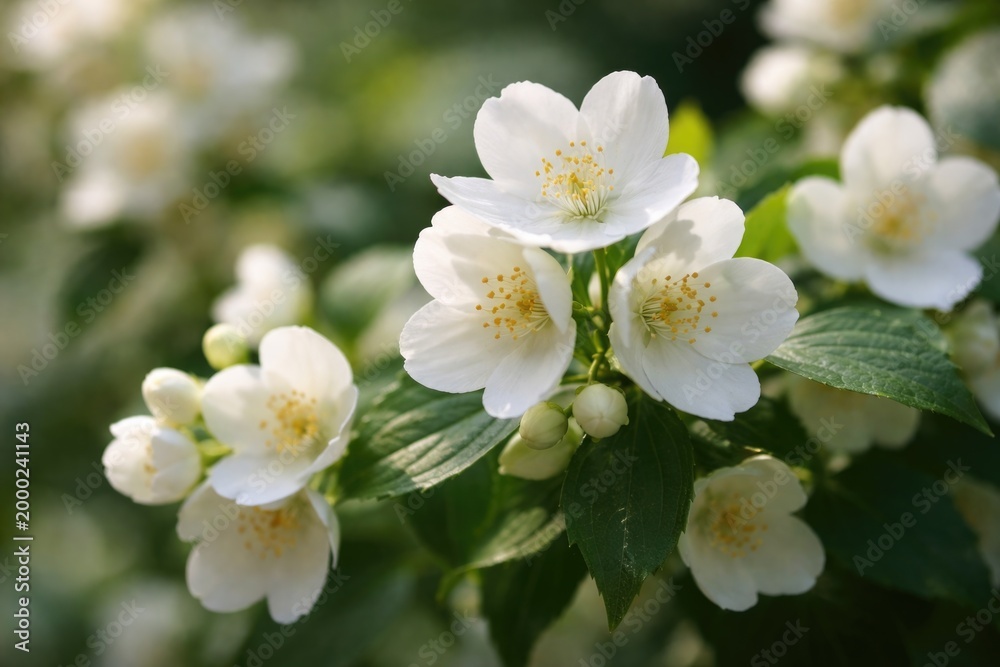 Fototapeta premium Detailed focus on white jasmine blooms in natural light