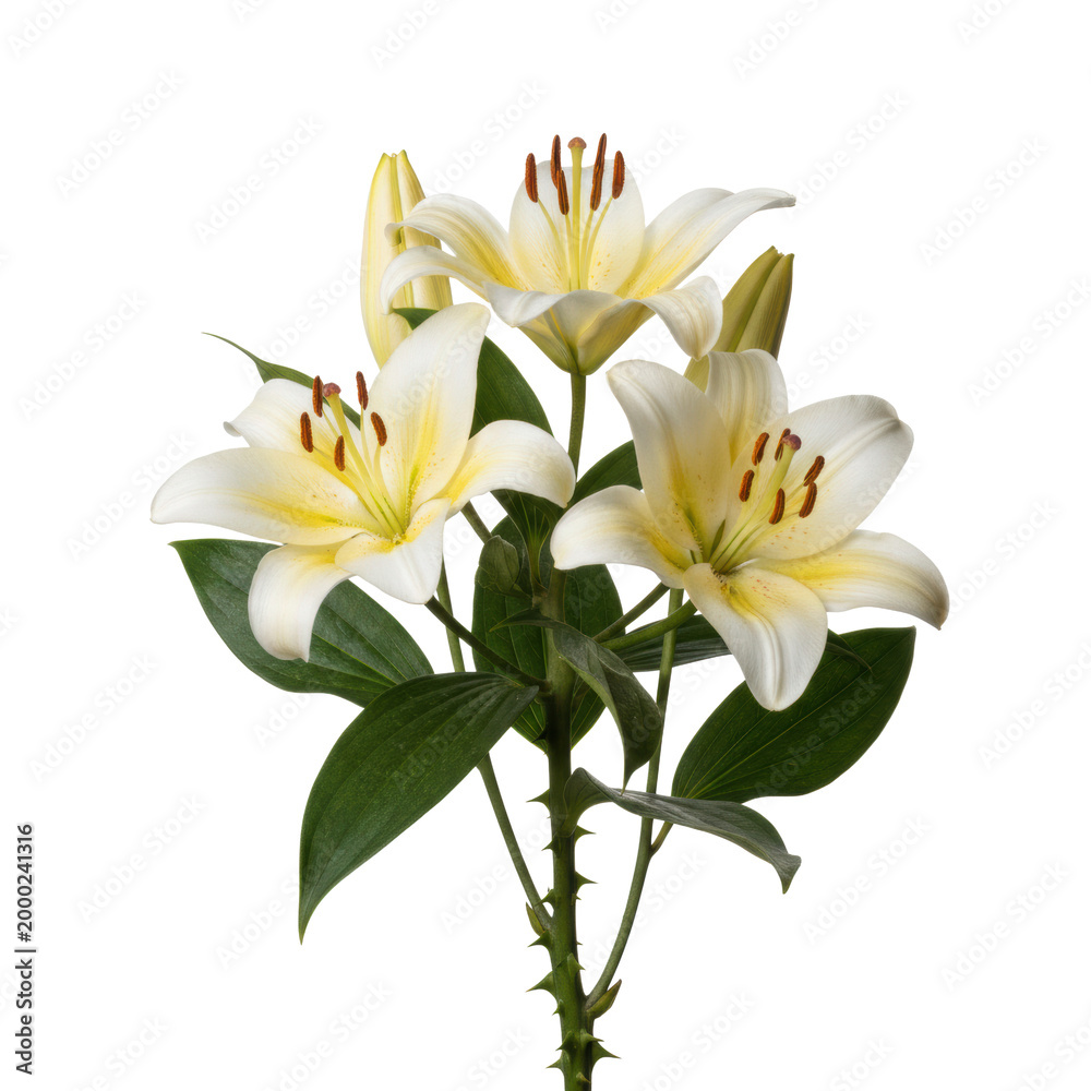 Obraz premium Three blooming creamy white and pale yellow lilies with dark green thorny foliage on a transparent background, a refined botanical study with serene elegance
