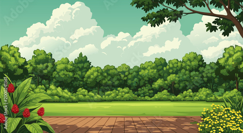 Vibrant pixel art landscape of a lush park with manicured lawns, blooming flowers, and mature trees under a clear blue sky