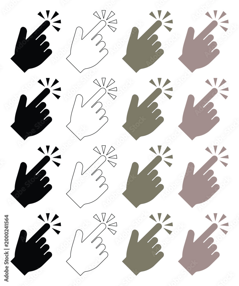 Fototapeta premium Clicking hand cursor icon set, pointer finger tap symbol collection, interactive web design elements, user interface button graphics, digital navigation vector pack