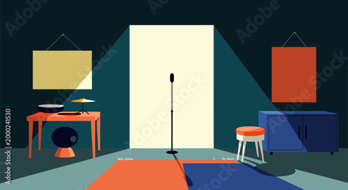 A dimly lit stage with a vintage microphone, minimalist decor, and a spotlight, creating an intimate performance atmosphere