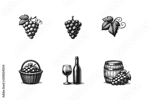 Vintage wine and grape illustrations in a collection of six distinct icons