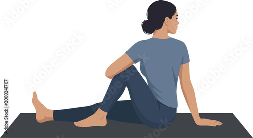 A clean, minimalist vector illustration of a woman performing the Half Lord of the Fishes pose (Ardha Matsyendrasana), a seated spinal twist that improves spinal mobility, massages abdominal organs. 