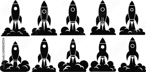Collection of Rocket Launch Silhouettes with Smoke Clouds in Flat Black Vector Illustration Isolated on White Background