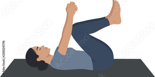 A clean, minimalist vector illustration of a woman performing the Knee-to-Chest pose (Apanasana), a restorative yoga posture used to release tension in the lower back and massage the abdominal organs.