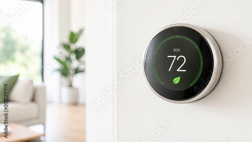 A modern smart thermostat set to eco mode at 72F is mounted on a wall in a stylish, energy-efficient home.