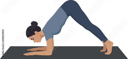 A clean, minimalist vector illustration of a woman performing the Dolphin Pose (Ardha Pincha Mayurasana), an inversion that strengthens the shoulders, arms, and upper back while stretching.