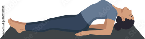 A clean, minimalist vector illustration of a woman performing the Fish Pose (Matsyasana), a restorative yoga posture that opens the chest, throat, and abdomen while improving posture.