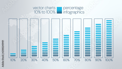 10 to 100 percent charts. Vector blue gradient symbols. Percentage infographic elements for business, finance, progress, growth, report, presentation, download