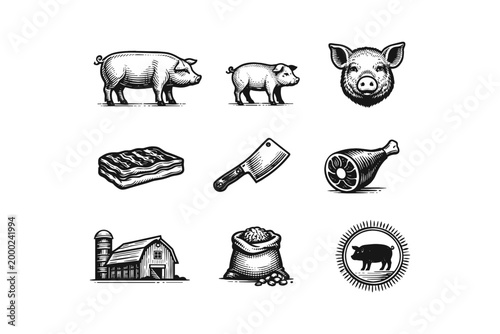Vintage farm and butcher shop icons featuring pigs and meat products