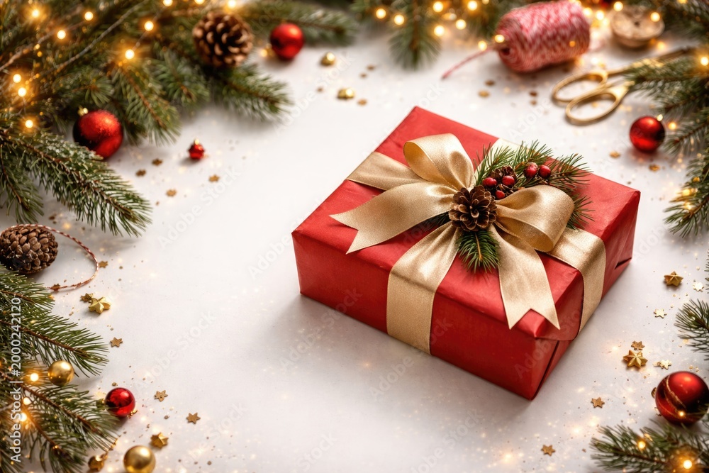 Fototapeta premium Christmas gift in red paper displayed on white tabletop with copy space