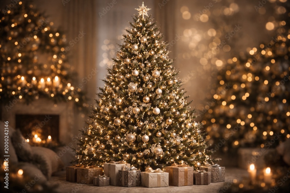 Fototapeta premium Celebratory Christmas tree sparkling on a muted blurred background