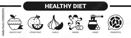 Healthy Diet web banner icon vector illustration concept with icons of healthy diet, citrus fruit, garlic, ginger, honey, and probiotics.