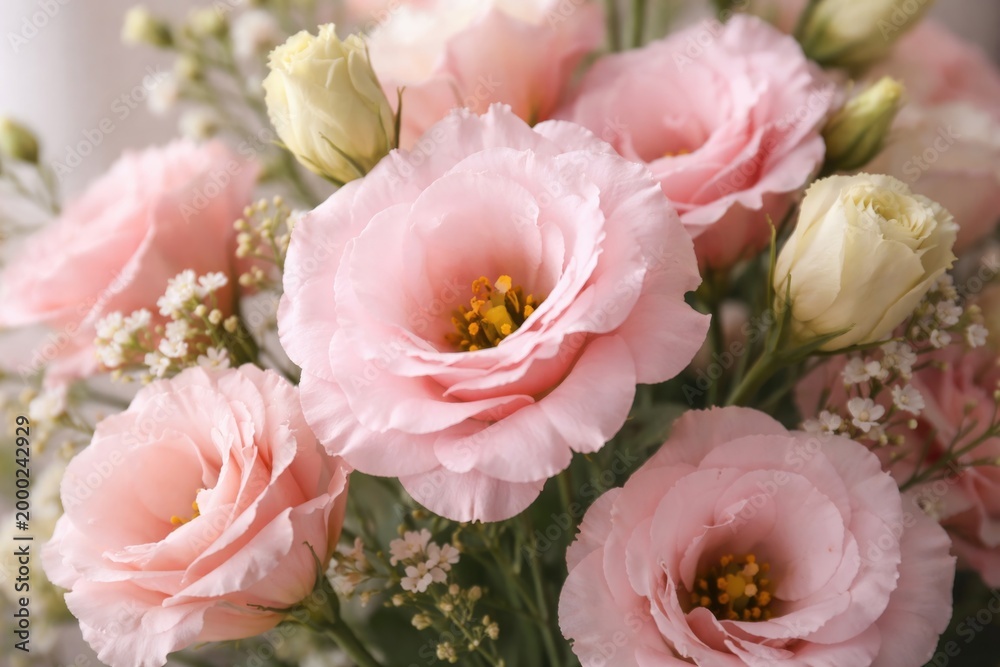 Fototapeta premium Close focus on a gentle pink eustoma floral arrangement with velvety texture