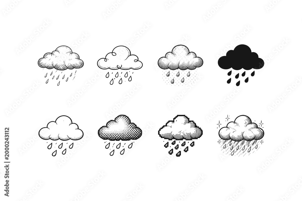 Obraz premium Collection of diverse cloud icons depicting various rain styles and artistic interpretations