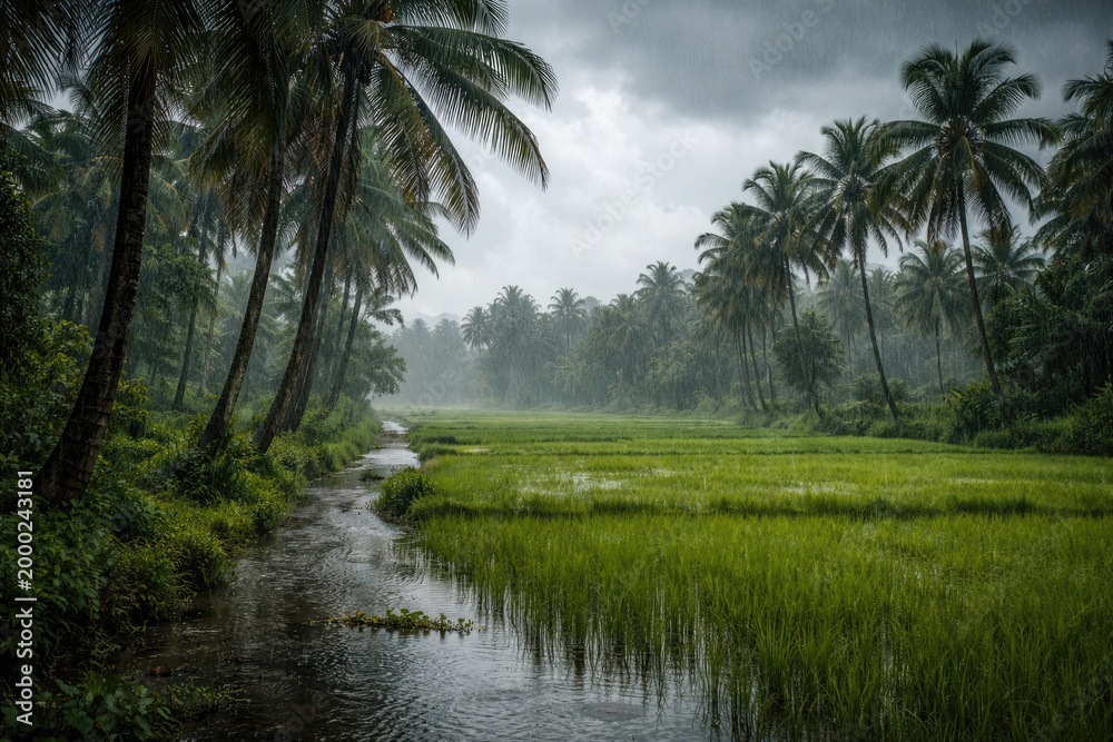 Obraz premium A rainy day scene with coconut palms and expansive paddy fields in vivid monsoon photography