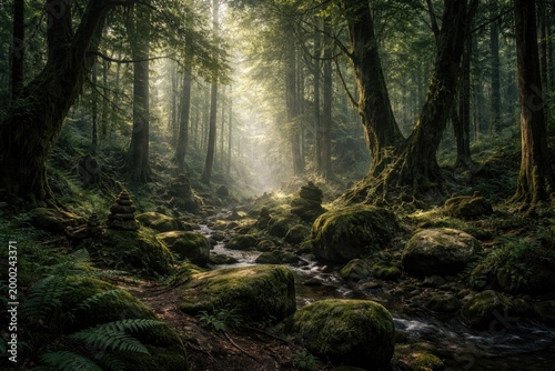 A wild forest scene with heavy tree growth and scattered stone formations