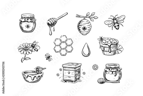 Hand-drawn bee and honey elements collection for natural product design