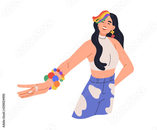 Happy girl with rainbow colored accessories, colorful dyed hair strands, mode...
