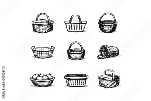 Collection of hand-drawn baskets and containers for various uses