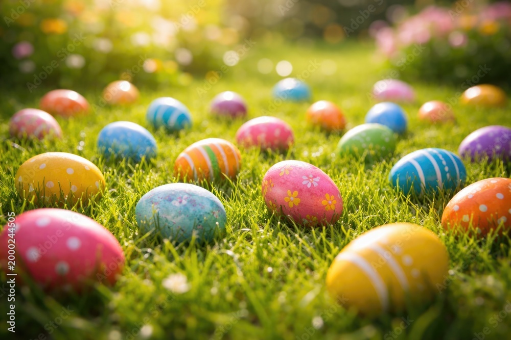 Fototapeta premium Colorful Easter eggs scattered playfully on a lush green grass lawn in bright spring sunlight
