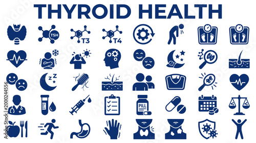 Thyroid health awareness concept with icons representing hormones metabolism weight energy sleep hair skin and medical treatment options