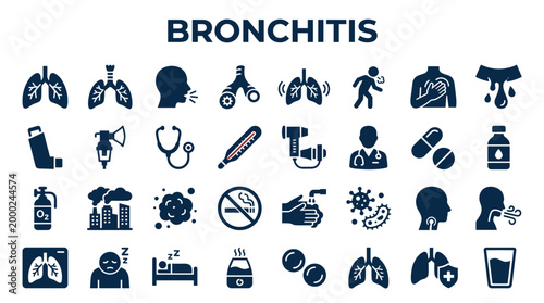 Bronchitis symptoms and treatment icons collection illustrating respiratory illness, medical care, and healthy lifestyle choices
