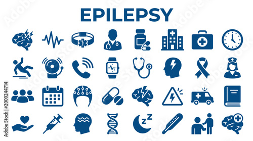 Epilepsy awareness icons and symbols representing neurological disorder symptoms and medical care including brain health, seizures, ambulance, and doctor consultation