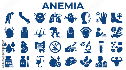 Anemia Symptoms Causes and Treatment Icons Medical Health Care Concept Illustrated with Blue Graphics