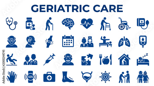 Geriatric Care Icons Representing Health Services Elderly Assistance Medical Support and Senior Well-being