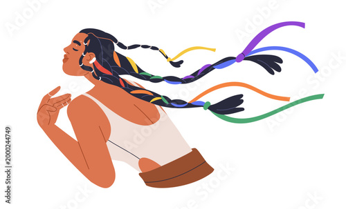 LGBT girl with modern hairstyle, braids with rainbow-colored ribbons flowing ...