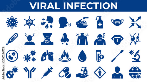 Viral infection icons and symbols representing viruses, symptoms, prevention and treatment of diseases like flu and covid 19 for medical and health concepts