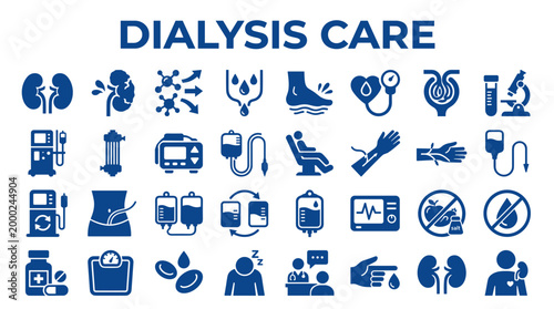Dialysis Care Icons Set Medical Health Kidney Treatment Equipment and Patient Health Monitoring Symbols Collection