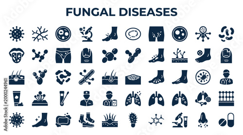 Fungal Diseases Icons and Symbols Collection Representing Various Infections and Medical Conditions Related to Mycology and Dermatology