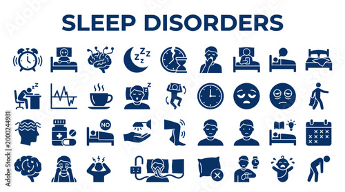 Collection of sleep disorder icons representing insomnia fatigue and medical conditions affecting rest and mental well-being