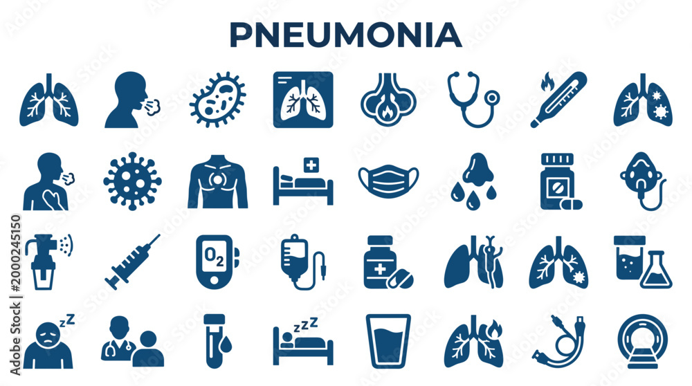 Fototapeta premium Pneumonia icons set medical symbols for respiratory illness diagnosis treatment and prevention healthcare concept