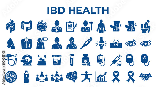 IBD Health Icons Representing Digestive System Health, Medical Care, Symptoms, and Wellness Concepts