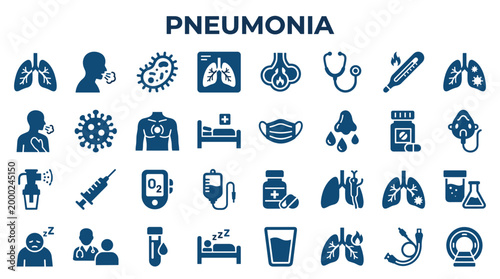 Pneumonia icons set medical symbols for respiratory illness diagnosis treatment and prevention healthcare concept
