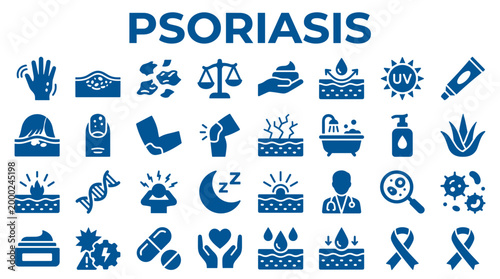 Psoriasis medical icons set representing skin disease symptoms causes treatment and research with medical symbols on blue background