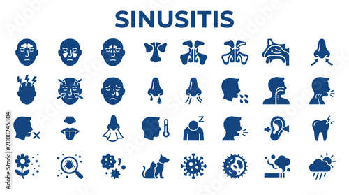 Sinusitis symptoms icons set medical illustration of nasal congestion allergy and cold disease symptoms and treatment concepts