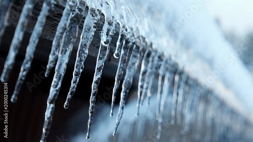 Icicles hanging from a roof with frozen water droplets form icy formations that capture the essence of winter weather