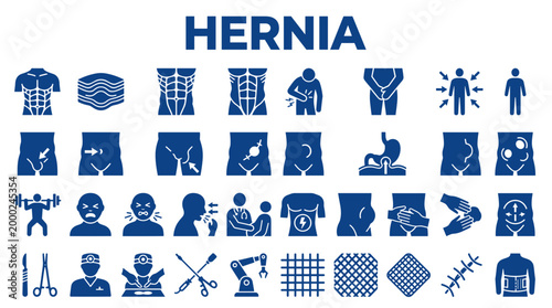 Medical illustration of hernia types and related anatomy with icons for surgery and recovery