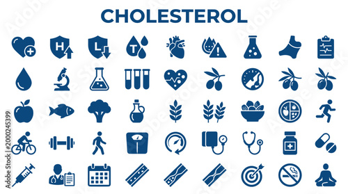 Cholesterol health icons and symbols representing heart health blood pressure and healthy lifestyle choices