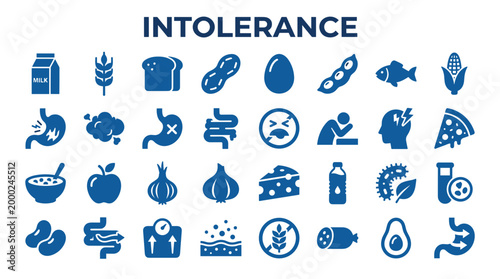 Food intolerance icons showing common allergens and digestive issues like stomach ache and headache with medical symbols for health and wellness concept