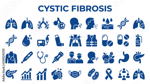 Cystic Fibrosis Awareness Icons Representing Lungs DNA Medical Equipment and Symptoms for Health Education and Research