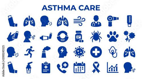 Asthma Care Icons and Symbols Representing Respiratory Health Treatment and Medical Support