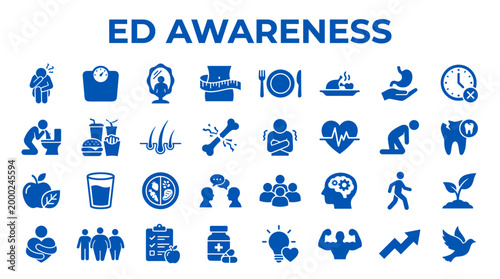 Eating disorder awareness icons representing physical and mental health challenges and recovery journey
