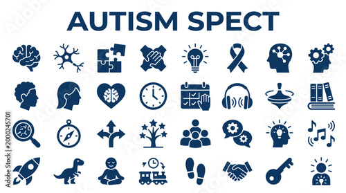 Autism spectrum awareness icons and symbols representing brain development, learning, communication, and support for neurodiversity