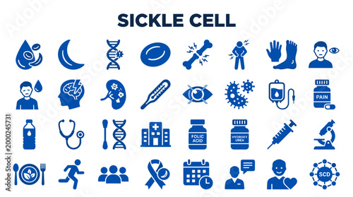 Sickle Cell Disease Awareness Icons and Symbols Illustrating Medical Research Treatment and Patient Care